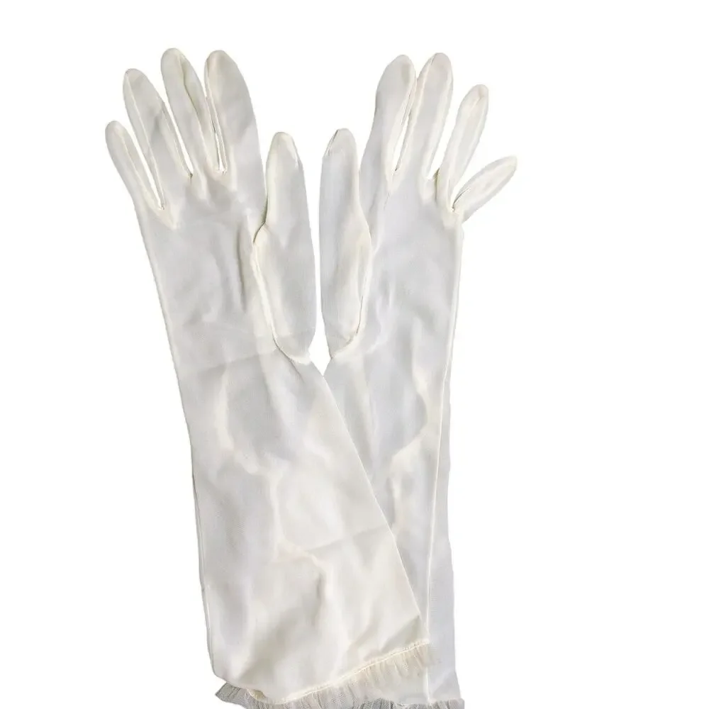 Vintage Sheer Ribbon Adorned Cream Long Gloves Scalloped Design Across Top Arm